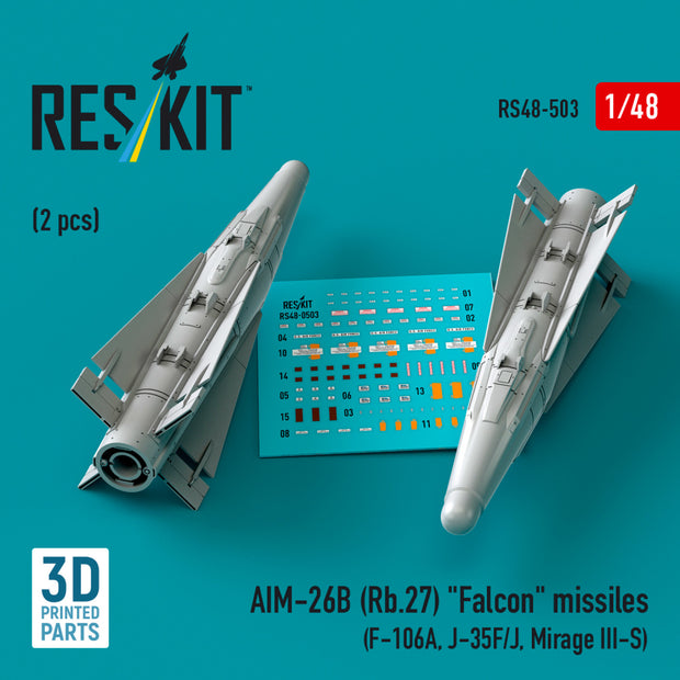 AIM-26B (Rb,27) Falcon Missiles (2 pcs) (F-106A, J-35F/J, Mirage III-S) (3D Printed) Scale 1:48 ResKit RS48-0503 for Aircraft Model Kit