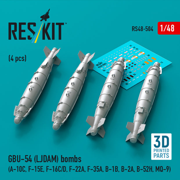 GBU-54 (LJDAM) Bombs (4 pcs) (A-10C, F-15E, F-16C/D, F-22A, F-35A, B-1B, B-2A, B-52H, MQ-9) (3D Printed) Scale 1:48 ResKit RS48-0504 for Aircraft Model Kit