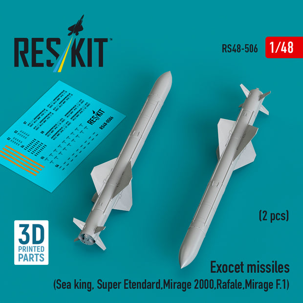 Exocet Missiles (2 pcs) (Sea King, Super Etendard, Mirage 2000, Rafale, Mirage F.1) (3D Printed) Scale 1:48 ResKit RS48-0506 for Helicopters / Aircraft Model Kit