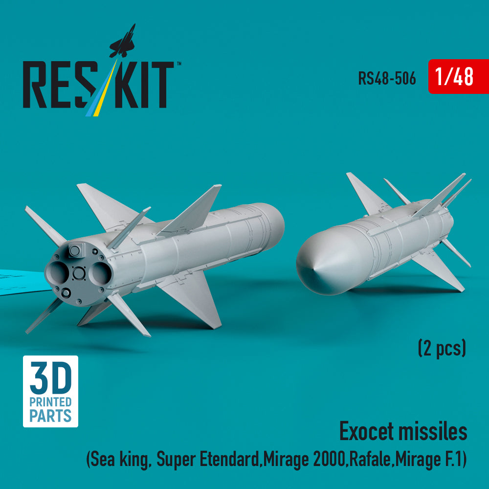 Exocet Missiles (2 pcs) (Sea King, Super Etendard, Mirage 2000, Rafale, Mirage F.1) (3D Printed) Scale 1:48 ResKit RS48-0506 for Helicopters / Aircraft Model Kit