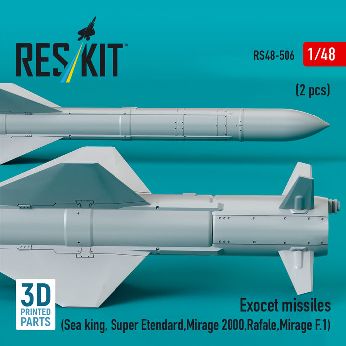 Exocet Missiles (2 pcs) (Sea King, Super Etendard, Mirage 2000, Rafale, Mirage F.1) (3D Printed) Scale 1:48 ResKit RS48-0506 for Helicopters / Aircraft Model Kit