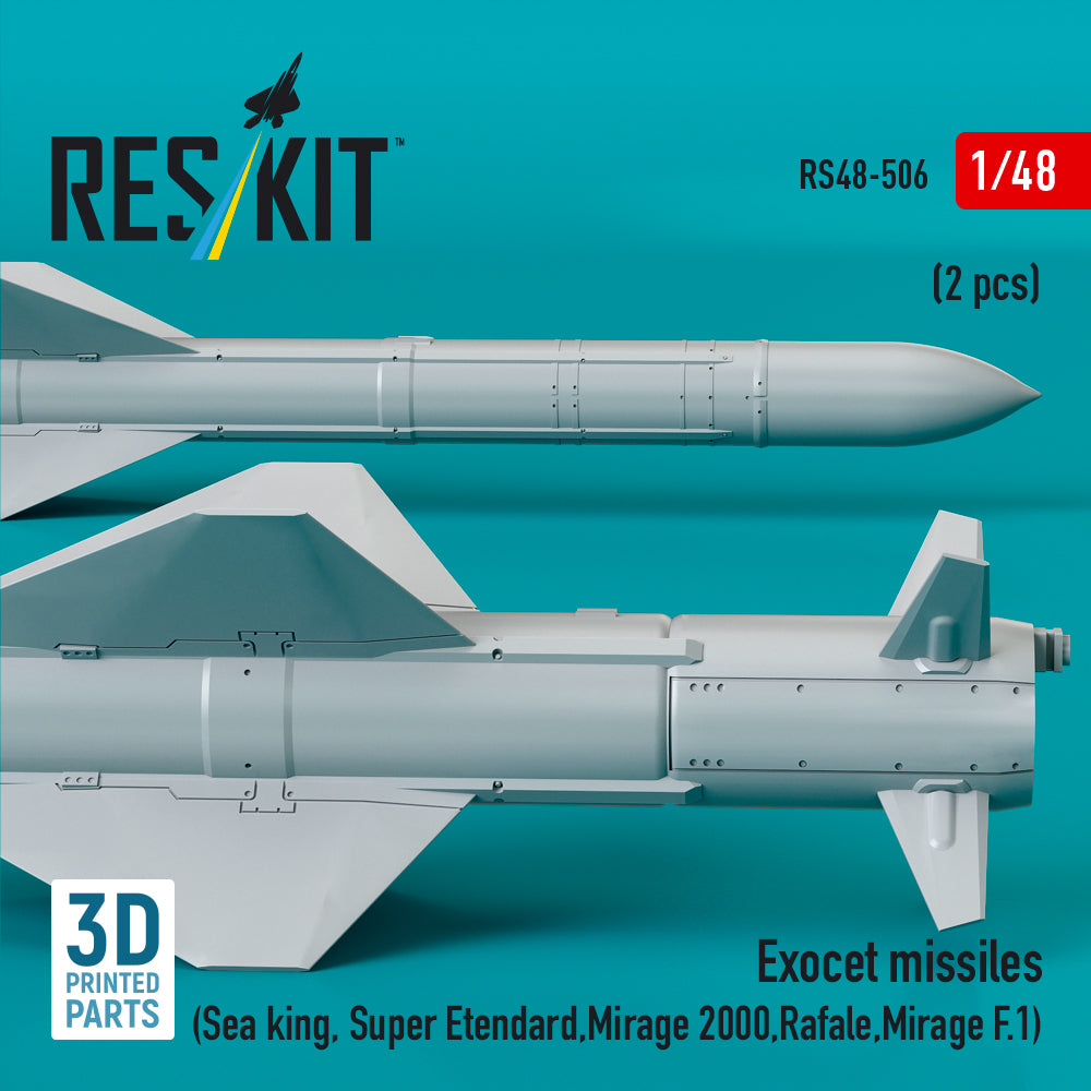Exocet Missiles (2 pcs) (Sea King, Super Etendard, Mirage 2000, Rafale, Mirage F.1) (3D Printed) Scale 1:48 ResKit RS48-0506 for Helicopters / Aircraft Model Kit