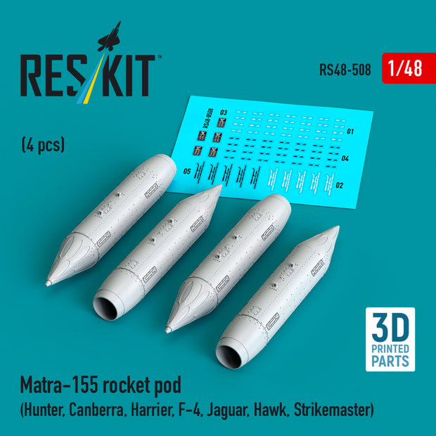 Matra-155 Rocket pod (4 pcs) (Hunter, Canberra, Harrier, F-4, Jaguar, Hawk, Strikemaster) (3D Printed) Scale 1:48 ResKit RS48-0508 for Aircraft Model Kit