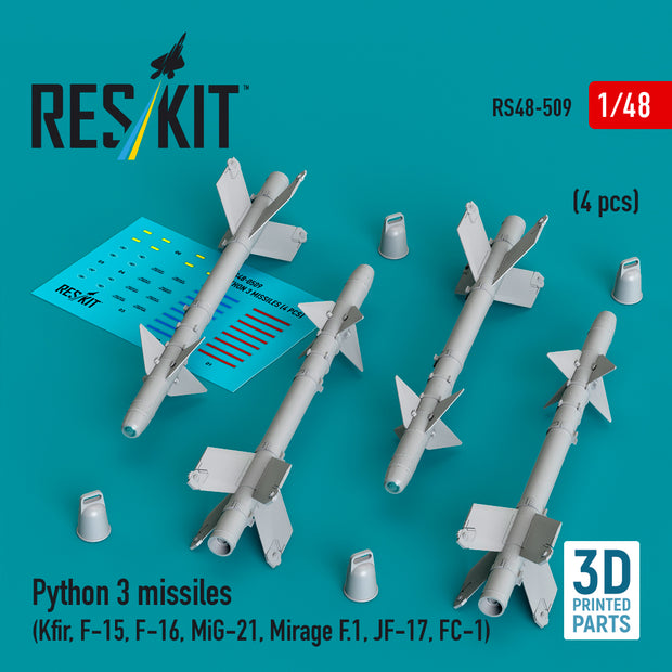 Python 3 missiles (4 pcs) (Kfir, F-15, F-16, MiG-21, Mirage F.1, JF-17, FC-1) (3D Printed) Scale 1:48 ResKit RS48-0509