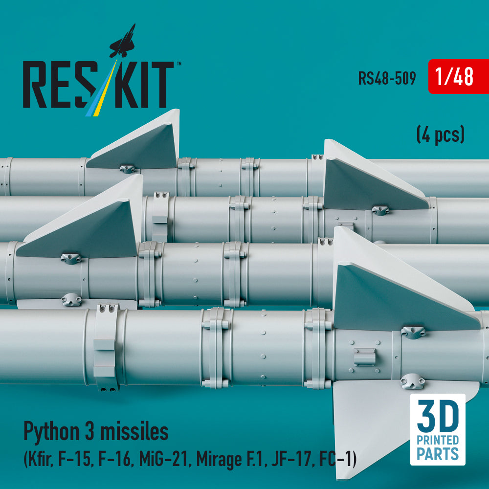 Python 3 missiles (4 pcs) (Kfir, F-15, F-16, MiG-21, Mirage F.1, JF-17, FC-1) (3D Printed) Scale 1:48 ResKit RS48-0509