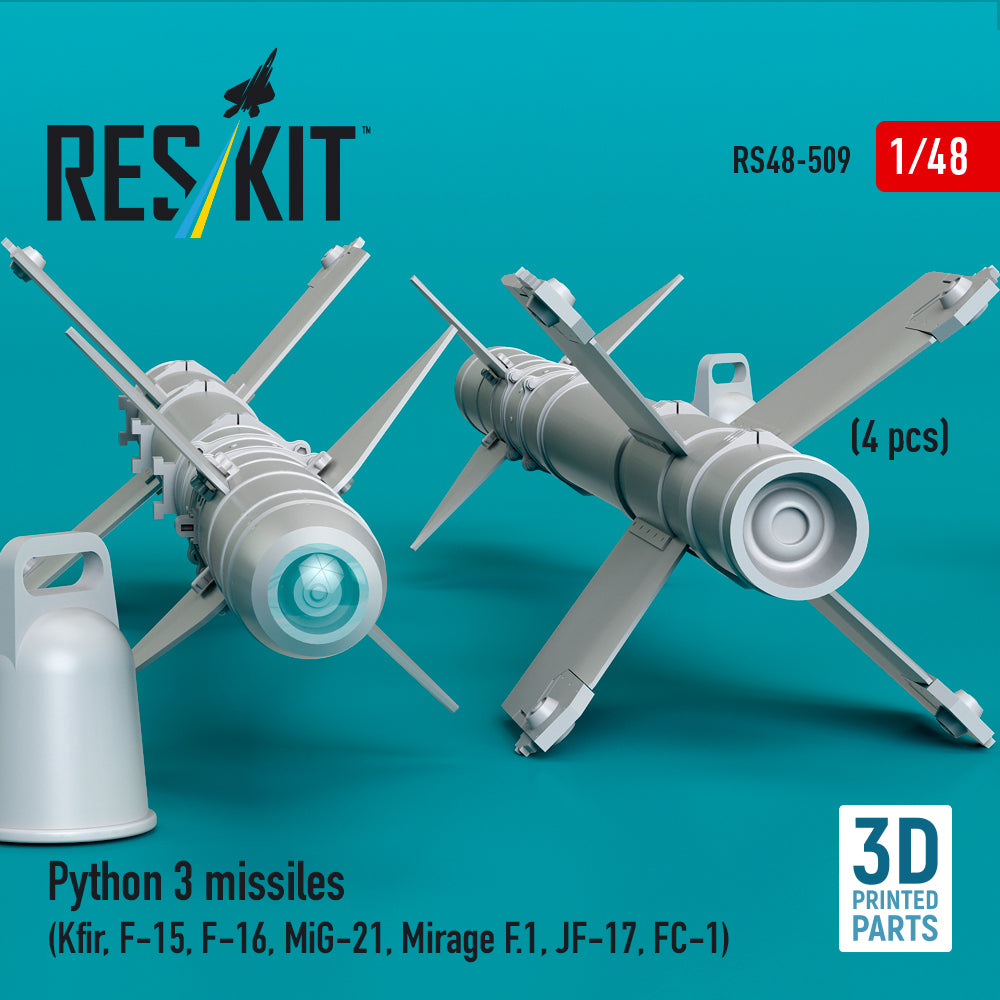 Python 3 missiles (4 pcs) (Kfir, F-15, F-16, MiG-21, Mirage F.1, JF-17, FC-1) (3D Printed) Scale 1:48 ResKit RS48-0509