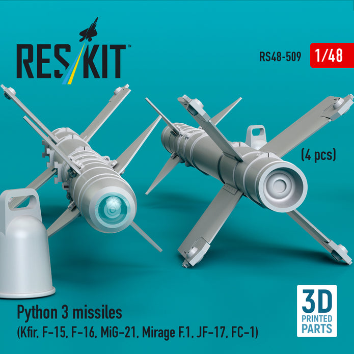 Python 3 missiles (4 pcs) (Kfir, F-15, F-16, MiG-21, Mirage F.1, JF-17, FC-1) (3D Printed) Scale 1:48 ResKit RS48-0509