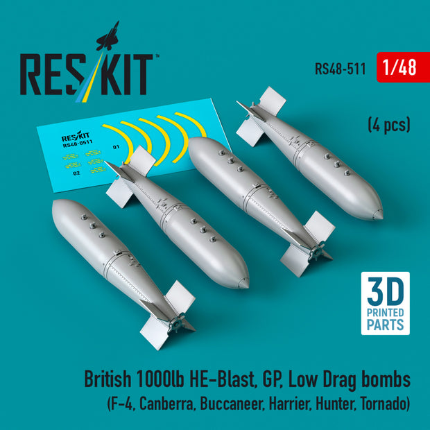 British 1000lb HE-Blast, GP, Low Drag Bombs (4 pcs) (F-4, Canberra, Buccaneer, Harrier, Hunter, Tornado) (3D printed) Scale 1:48 ResKit RS48-0511 for Aircraft Model Kit