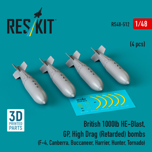 British 1000lb HE-Blast, GP, High Drag (Retarded) Bombs (4 pcs) (F-4, Canberra, Buccaneer, Harrier, Hunter, Tornado) (3D printed) Scale 1:48 ResKit RS48-0512 for Aircraft Model Kit