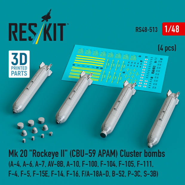 Mk 20 Rockeye II (CBU-59 APAM) Cluster Bombs (A-4, A-6, A-7, AV-8B, A-10, F-100, F-104, F-105, F-111, F-4, F-5, F-15E, F-14, F-16, F/A-18A-D, B-52, P-3C, S-3B) (4 pcs) (3D Printed) Scale 1:48 ResKit RS48-0513 for Aircraft Model Kit