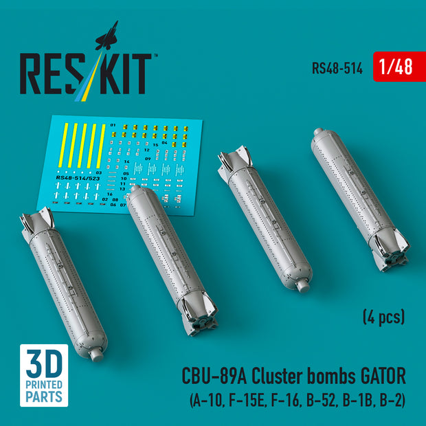 CBU-89A Cluster Bombs GATOR (4 pcs) (A-10, F-15E, F-16, B-52, B-1B, B-2) (3D Printed) Scale 1:48 ResKit RS48-0514 for Aircraft Model Kit