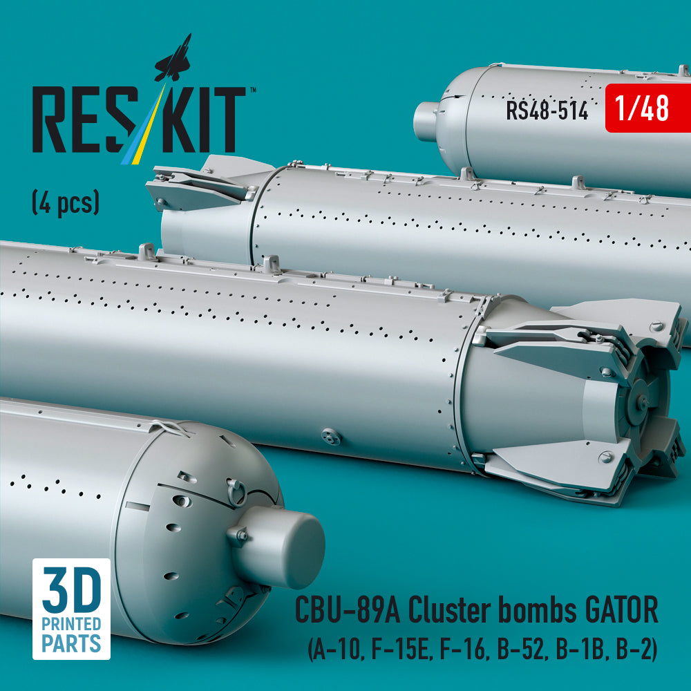 CBU-89A Cluster Bombs GATOR (4 pcs) (A-10, F-15E, F-16, B-52, B-1B, B-2) (3D Printed) Scale 1:48 ResKit RS48-0514 for Aircraft Model Kit