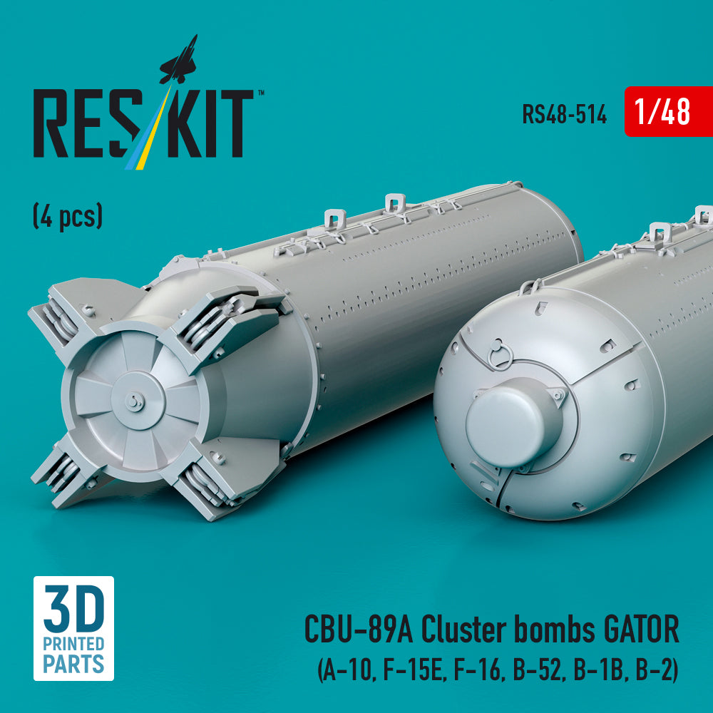 CBU-89A Cluster Bombs GATOR (4 pcs) (A-10, F-15E, F-16, B-52, B-1B, B-2) (3D Printed) Scale 1:48 ResKit RS48-0514 for Aircraft Model Kit