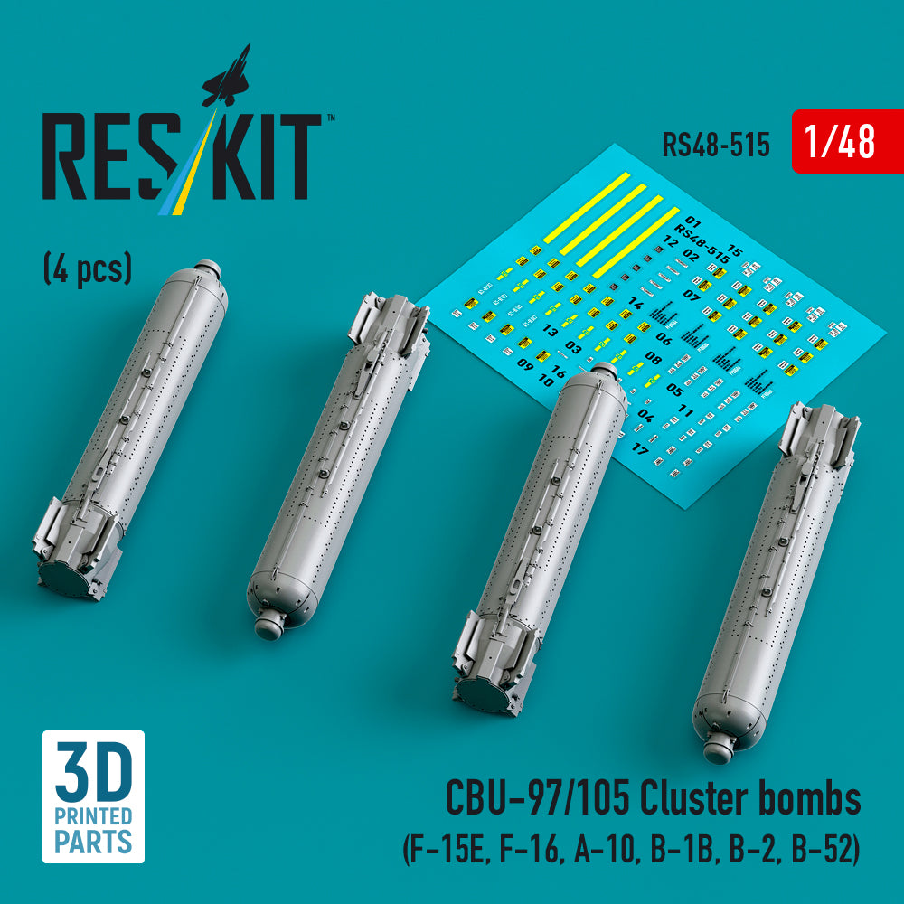 CBU-97/105 Cluster Bombs (4 pcs) (F-15E, F-16, A-10, B-1B, B-2, B-52) (3D Printed) Scale 1:48 ResKit RS48-0515 for Aircraft Model Kit