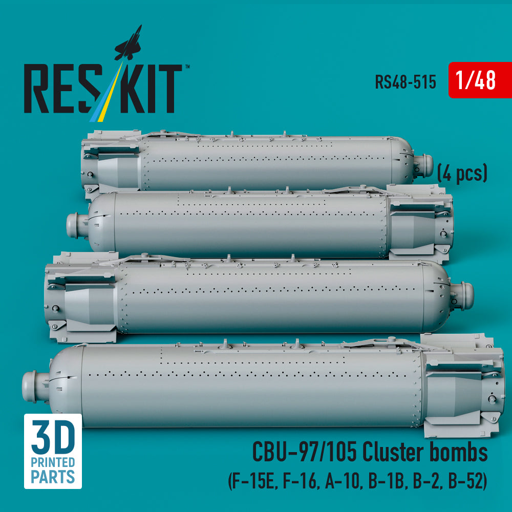 CBU-97/105 Cluster Bombs (4 pcs) (F-15E, F-16, A-10, B-1B, B-2, B-52) (3D Printed) Scale 1:48 ResKit RS48-0515 for Aircraft Model Kit