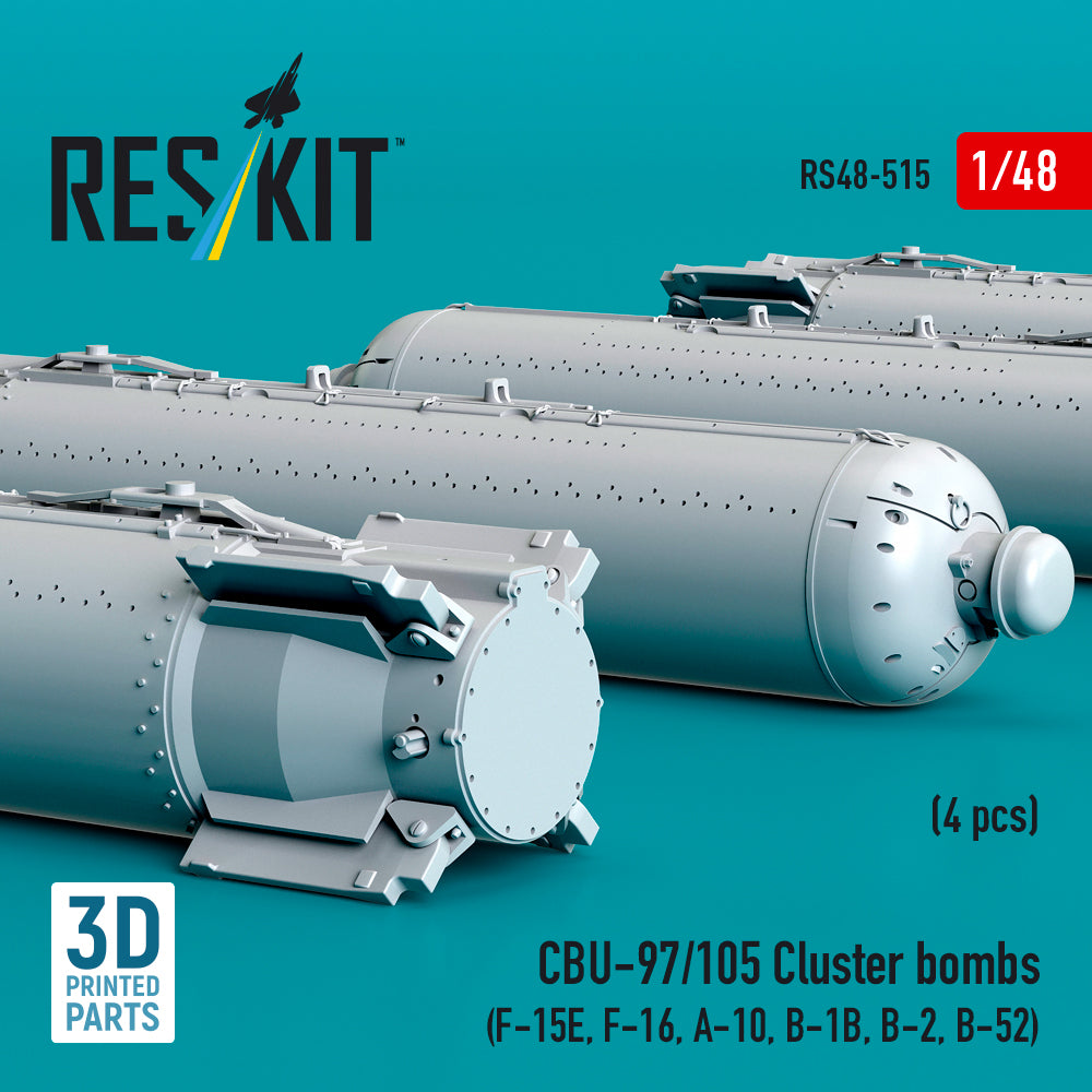 CBU-97/105 Cluster Bombs (4 pcs) (F-15E, F-16, A-10, B-1B, B-2, B-52) (3D Printed) Scale 1:48 ResKit RS48-0515 for Aircraft Model Kit
