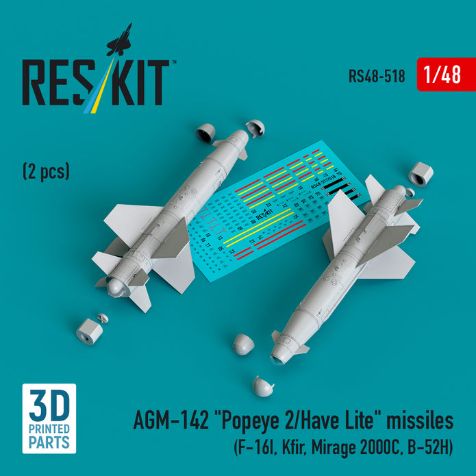 AGM-142 Popeye 2/Have Lite Missiles (2 pcs) (F-16I, Kfir, Mirage 2000C, B-52H) (3D Printed) Scale 1:48 ResKit RS48-0518 for Aircraft Model Kit