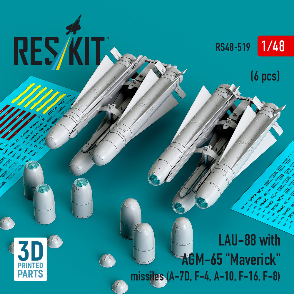 LAU-88 with (2 pcs) AGM-65 Maverick Missiles (6 pcs) (A-7D, F-4, A-10, F-16) (3D Printed) Scale 1:48 ResKit RS48-0519 for Aircraft Model Kit