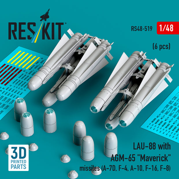 LAU-88 with (2 pcs) AGM-65 Maverick Missiles (6 pcs) (A-7D, F-4, A-10, F-16) (3D Printed) Scale 1:48 ResKit RS48-0519 for Aircraft Model Kit