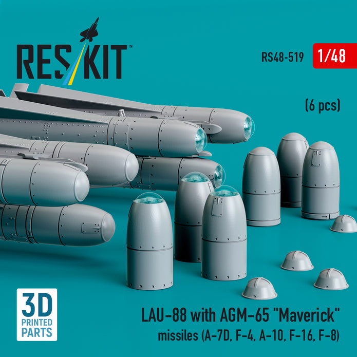LAU-88 with (2 pcs) AGM-65 Maverick Missiles (6 pcs) (A-7D, F-4, A-10, F-16) (3D Printed) Scale 1:48 ResKit RS48-0519 for Aircraft Model Kit