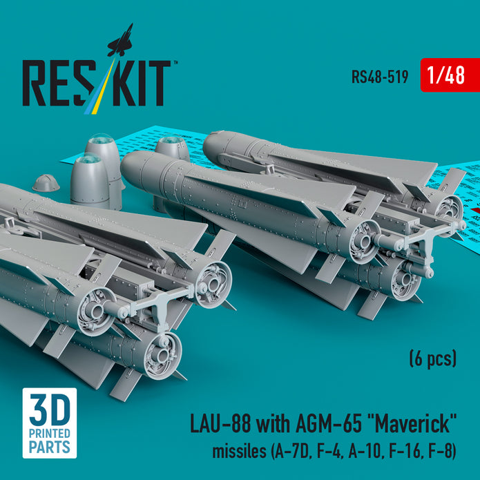 LAU-88 with (2 pcs) AGM-65 Maverick Missiles (6 pcs) (A-7D, F-4, A-10, F-16) (3D Printed) Scale 1:48 ResKit RS48-0519 for Aircraft Model Kit