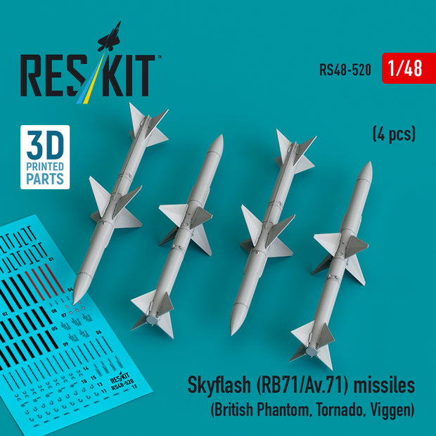 Skyflash (RB71/Av,71) Missiles (4 pcs) (British Phantom, Tornado, Viggen) (3D Printed) Scale 1:48 ResKit RS48-0520 for Aircraft Model Kit