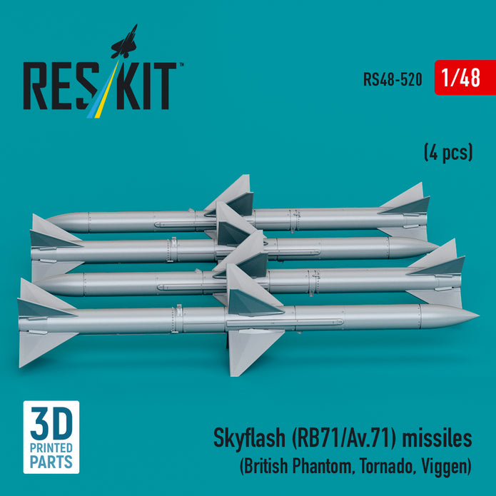 Skyflash (RB71/Av,71) Missiles (4 pcs) (British Phantom, Tornado, Viggen) (3D Printed) Scale 1:48 ResKit RS48-0520 for Aircraft Model Kit