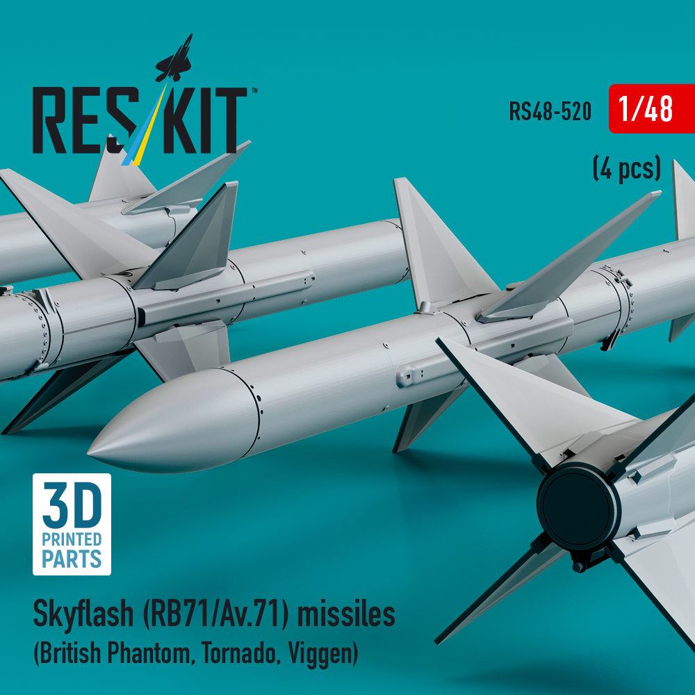 Skyflash (RB71/Av,71) Missiles (4 pcs) (British Phantom, Tornado, Viggen) (3D Printed) Scale 1:48 ResKit RS48-0520 for Aircraft Model Kit