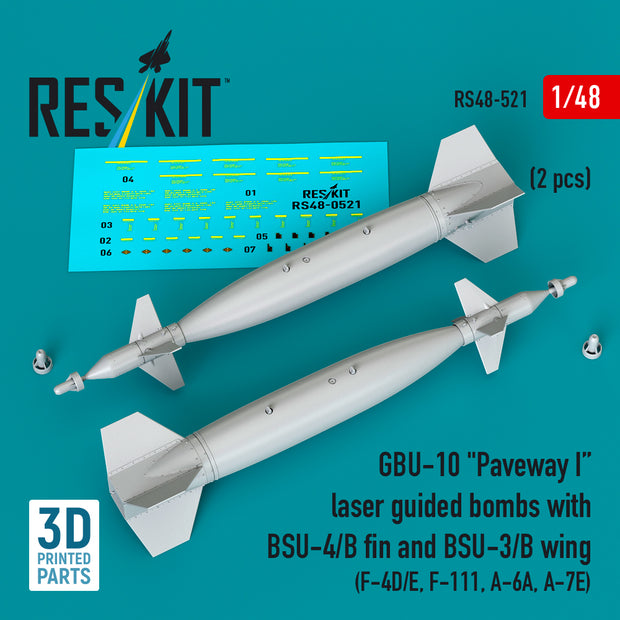 GBU-10 Paveway I laser guided bombs with BSU-4/B fin and BSU-3/B wing (2 pcs) (F-4D/E, F-111, A-6A, A-7E) (3D Printed) Scale 1:48 ResKit RS48-0521