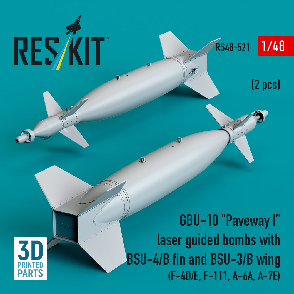 GBU-10 Paveway I laser guided bombs with BSU-4/B fin and BSU-3/B wing (2 pcs) (F-4D/E, F-111, A-6A, A-7E) (3D Printed) Scale 1:48 ResKit RS48-0521