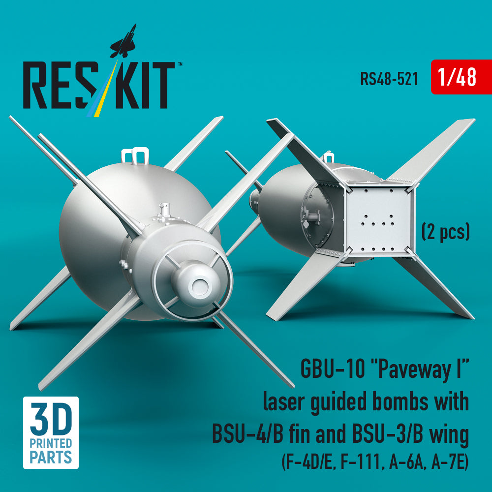 GBU-10 Paveway I laser guided bombs with BSU-4/B fin and BSU-3/B wing (2 pcs) (F-4D/E, F-111, A-6A, A-7E) (3D Printed) Scale 1:48 ResKit RS48-0521