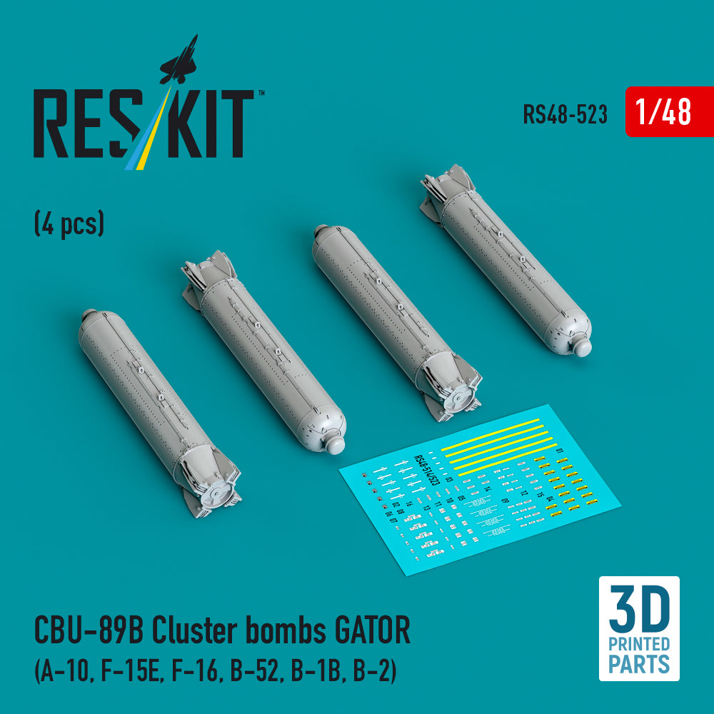 CBU-89B Cluster Bombs GATOR (4 pcs) (A-10, F-15E, F-16, B-52, B-1B, B-2) (3D Printed) Scale 1:48 ResKit RS48-0523 for Aircraft Model Kit
