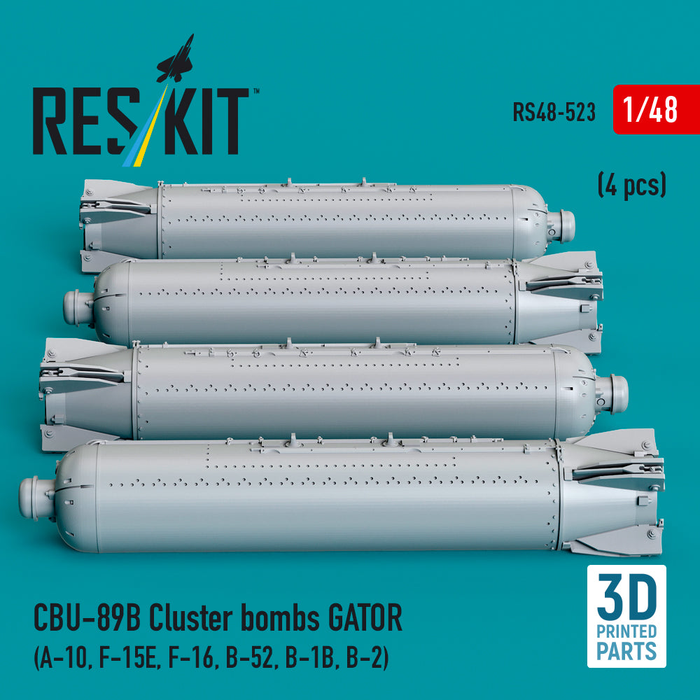 CBU-89B Cluster Bombs GATOR (4 pcs) (A-10, F-15E, F-16, B-52, B-1B, B-2) (3D Printed) Scale 1:48 ResKit RS48-0523 for Aircraft Model Kit