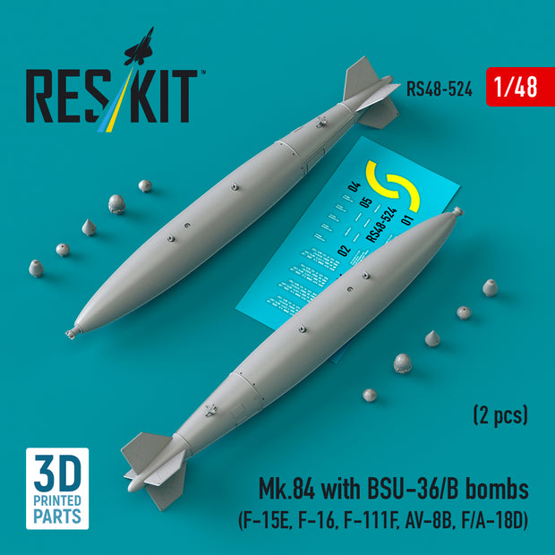 Mk,84 with BSU-36/B Bombs (2 pcs) (F-15E, F-16, F-111F, AV-8B, F/A-18D) (3D Printed) Scale 1:48 ResKit RS48-0524 for Aircraft Model Kit