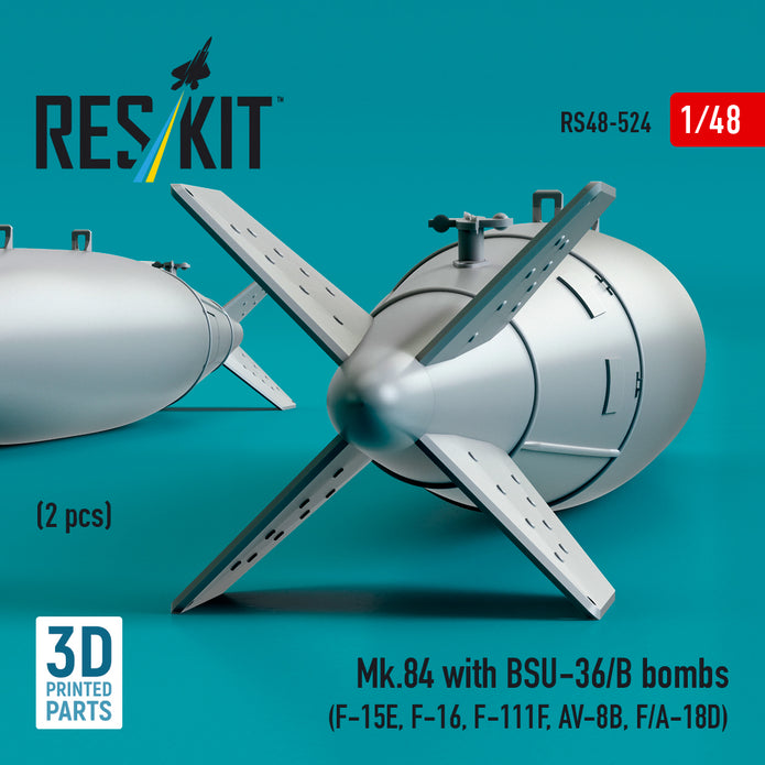 Mk,84 with BSU-36/B Bombs (2 pcs) (F-15E, F-16, F-111F, AV-8B, F/A-18D) (3D Printed) Scale 1:48 ResKit RS48-0524 for Aircraft Model Kit