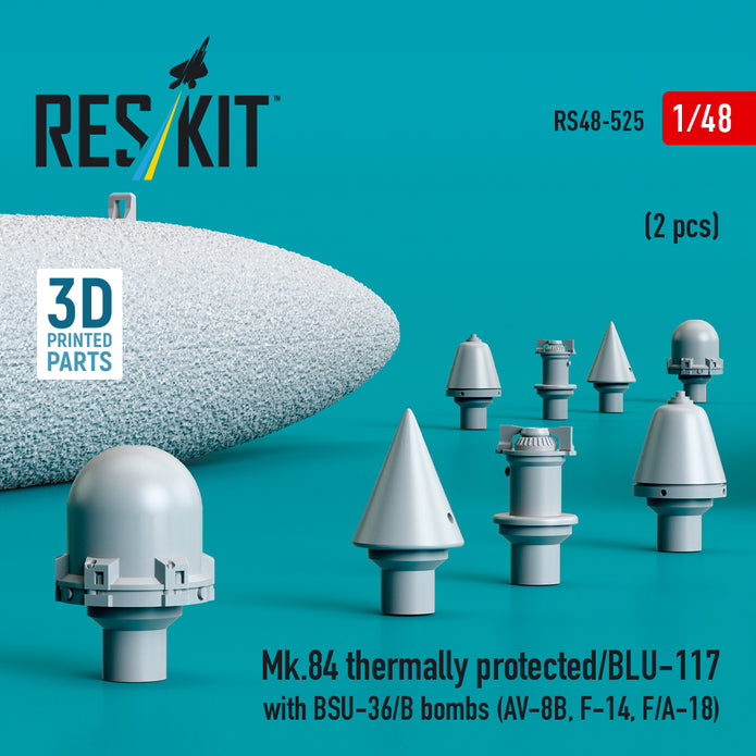 Mk,84 Thermally Protected/BLU-117 with BSU-36/B Bombs (2 pcs) (AV-8B, F-14, F/A-18) (3D Printed) Scale 1:48 ResKit RS48-0525 for Aircraft Model Kit