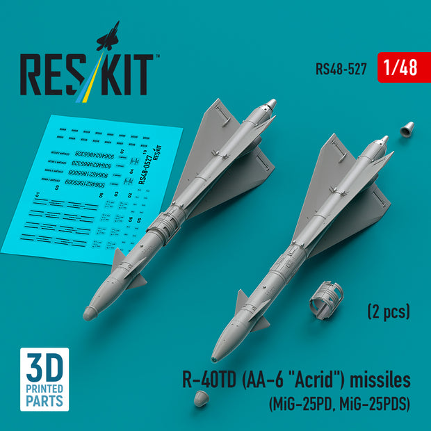 R-40TD (AA-6 Acrid) Missiles (2 pcs) (MiG-25PD, MiG-25PDS) (3D Printed) Scale 1:48 ResKit RS48-0527 for Aircraft Model Kit