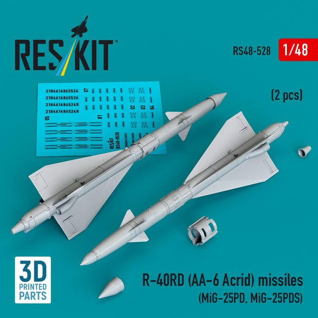 R-40RD (AA-6 Acrid) Missiles (2 pcs) (MiG-25PD, MiG-25PDS) (3D Printed) Scale 1:48 ResKit RS48-0528 for Aircraft Model Kit