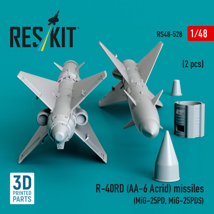 R-40RD (AA-6 Acrid) Missiles (2 pcs) (MiG-25PD, MiG-25PDS) (3D Printed) Scale 1:48 ResKit RS48-0528 for Aircraft Model Kit