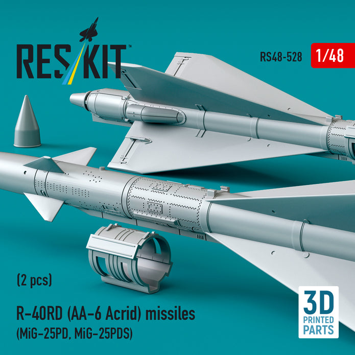 R-40RD (AA-6 Acrid) Missiles (2 pcs) (MiG-25PD, MiG-25PDS) (3D Printed) Scale 1:48 ResKit RS48-0528 for Aircraft Model Kit