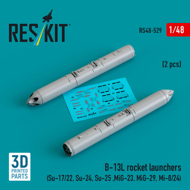 B-13L Rocket Launchers (2 pcs) (Su-17/22, Su-24, Su-25 ,MiG-23, MiG-29, Mi-8/24) (3D Printed) Scale 1:48 ResKit RS48-0529 for Helicopters / Aircraft Model Kit