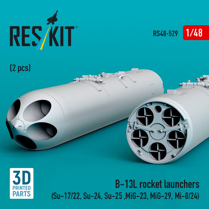 B-13L Rocket Launchers (2 pcs) (Su-17/22, Su-24, Su-25 ,MiG-23, MiG-29, Mi-8/24) (3D Printed) Scale 1:48 ResKit RS48-0529 for Helicopters / Aircraft Model Kit