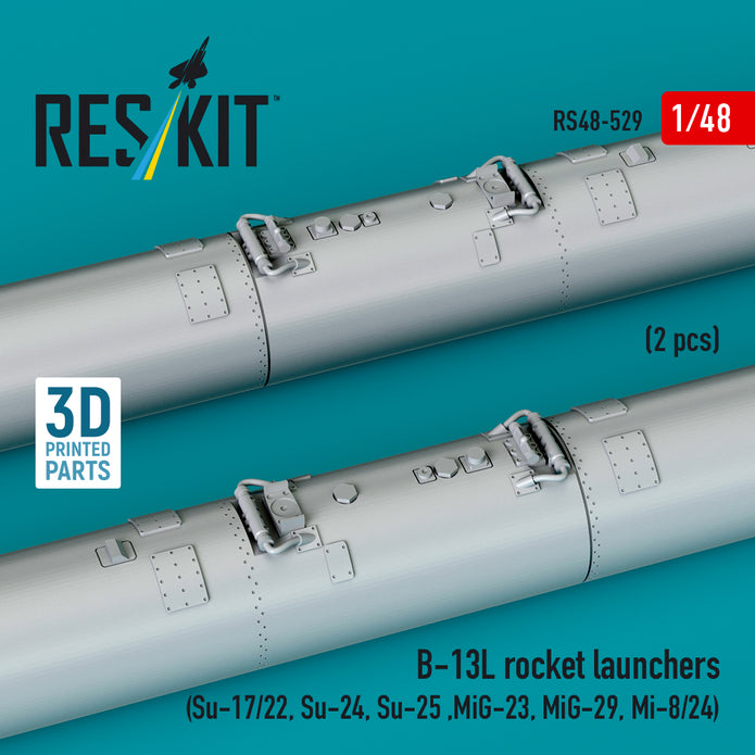 B-13L Rocket Launchers (2 pcs) (Su-17/22, Su-24, Su-25 ,MiG-23, MiG-29, Mi-8/24) (3D Printed) Scale 1:48 ResKit RS48-0529 for Helicopters / Aircraft Model Kit
