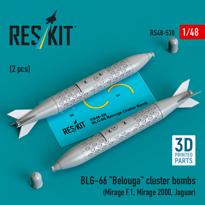 BLG-66 Belouga Cluster Bombs (2 pcs) (Mirage F.1, Mirage 2000, Jaguar) (3D Printed) Scale 1:48 ResKit RS48-0530 for Aircraft Model Kit