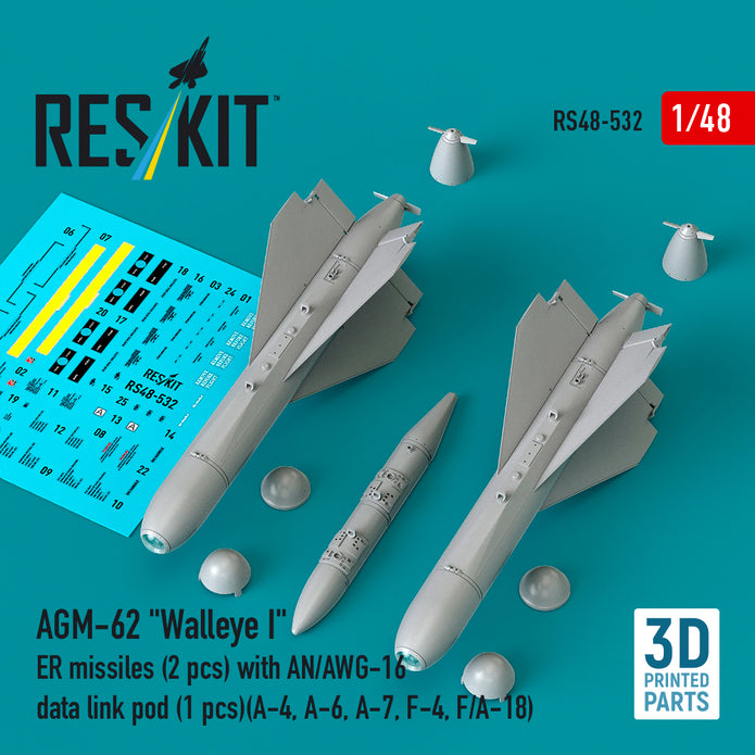 AGM-62 Walleye I ER missiles (2 pcs) with AN/AWG-16 data link pod (1 pcs) (A-4, A-6, A-7, F-4, F/A-18) (3D Printed) Scale 1:48 ResKit RS48-0532