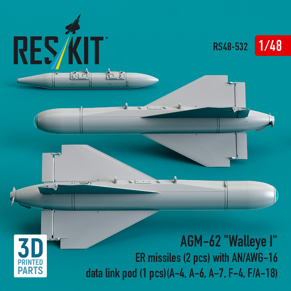 AGM-62 Walleye I ER missiles (2 pcs) with AN/AWG-16 data link pod (1 pcs) (A-4, A-6, A-7, F-4, F/A-18) (3D Printed) Scale 1:48 ResKit RS48-0532
