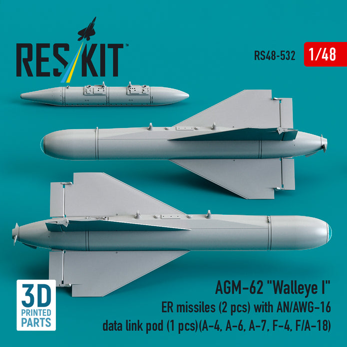 AGM-62 Walleye I ER missiles (2 pcs) with AN/AWG-16 data link pod (1 pcs) (A-4, A-6, A-7, F-4, F/A-18) (3D Printed) Scale 1:48 ResKit RS48-0532