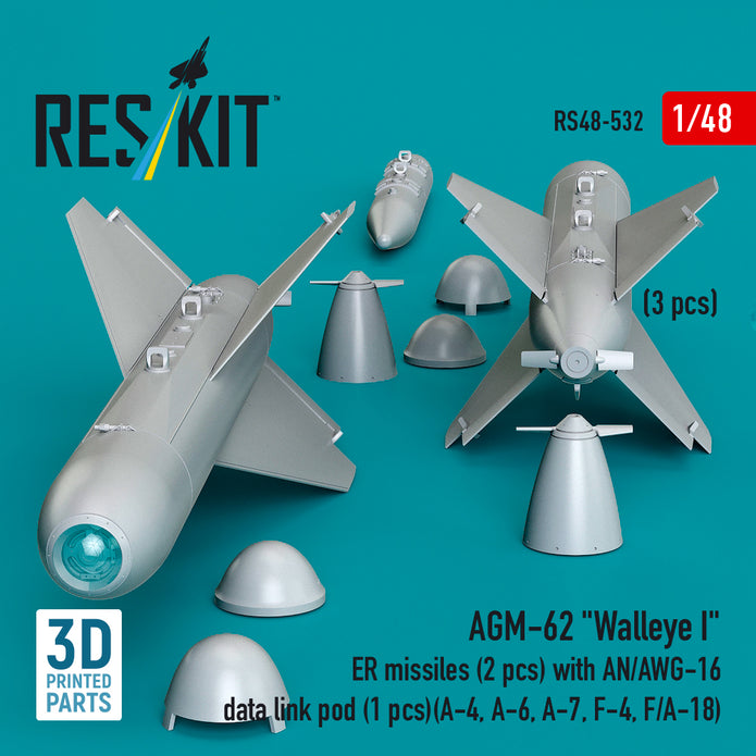 AGM-62 Walleye I ER missiles (2 pcs) with AN/AWG-16 data link pod (1 pcs) (A-4, A-6, A-7, F-4, F/A-18) (3D Printed) Scale 1:48 ResKit RS48-0532