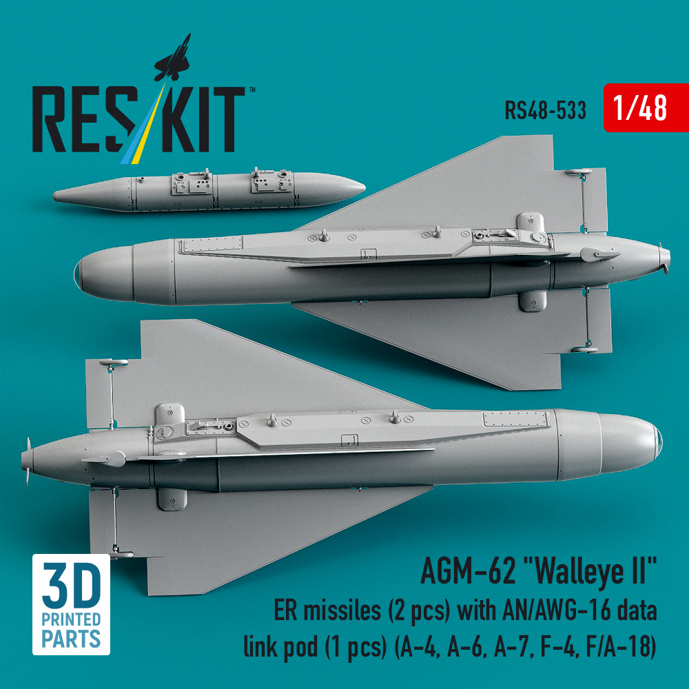 AGM-62 Walleye II ER missiles (2 pcs) with AN/AWG-16 data link pod (1 pcs) (A-4, A-6, A-7, F-4, F/A-18) (3D Printed) Scale 1:48 ResKit RS48-0533