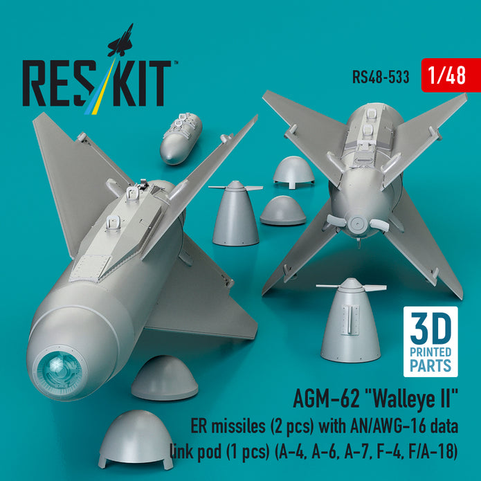 AGM-62 Walleye II ER missiles (2 pcs) with AN/AWG-16 data link pod (1 pcs) (A-4, A-6, A-7, F-4, F/A-18) (3D Printed) Scale 1:48 ResKit RS48-0533
